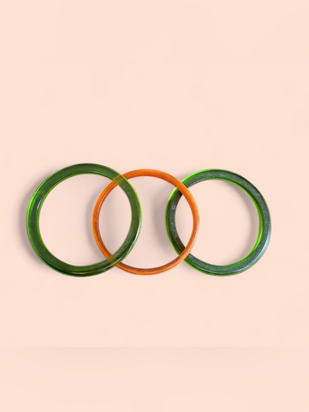 Vintage Lucite Jelly Bangle Bracelets-Apple Green & Orange Translucent Stack Set